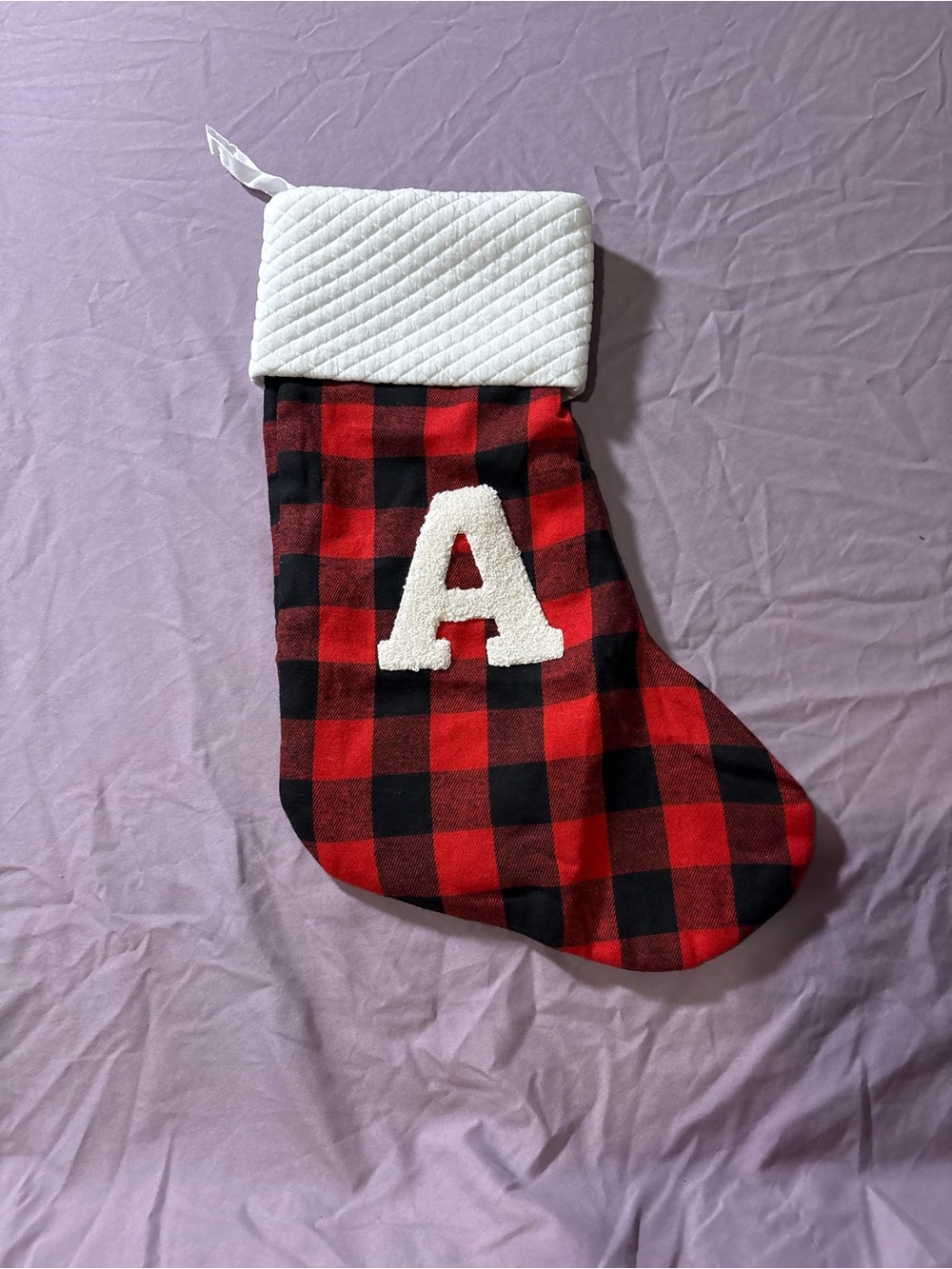 Personalized Red Buffalo Plaid Holiday Stocking with White Cuff - A Initial